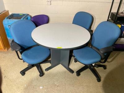 DESCRIPTION: 30" ROUND COMPOSITE TABLE W/ (3) BLUE UPHOLSTERED OFFICE CHAIRS SIZE 30" LOCATION: OFFICE QTY: 1