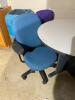 DESCRIPTION: 30" ROUND COMPOSITE TABLE W/ (3) BLUE UPHOLSTERED OFFICE CHAIRS SIZE 30" LOCATION: OFFICE QTY: 1 - 2