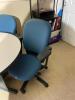 DESCRIPTION: 30" ROUND COMPOSITE TABLE W/ (3) BLUE UPHOLSTERED OFFICE CHAIRS SIZE 30" LOCATION: OFFICE QTY: 1 - 3