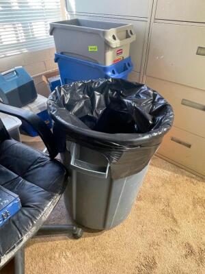 DESCRIPTION: (3) ASSORTED PLASTIC TRASH CANS LOCATION: OFFICE THIS LOT IS: ONE MONEY QTY: 1