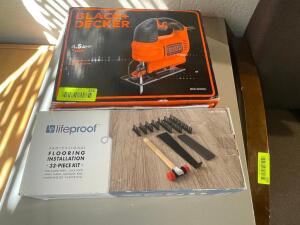 DESCRIPTION: BLACK AND DECKER JIG SAW AND FLOORING INSTALLATION KIT. LOCATION: OFFICE THIS LOT IS: ONE MONEY QTY: 1