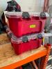 DESCRIPTION: (2) RED PLASTIC STORAGE TOTES W/ CONTENTS - ASSORTED SAFETY GEAR AND MASKS. APPROX $600 IN BREATHING GEAR AND RESPIRATORS IN TOTE LOCATIO