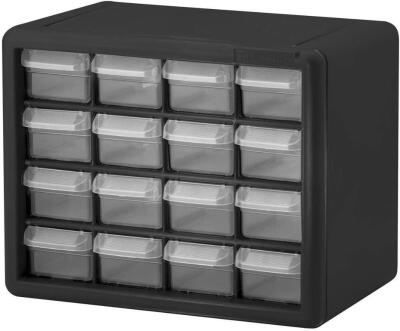 DESCRIPTION (1) AKRO-MILS PLASTIC CRAFT CABINET & STORAGE TOOL DRAWER BRAND/MODEL 10116 ADDITIONAL INFORMATION 16-PIECE/BLACK/RETAILS AT $23.75 SIZE 1