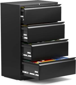 LATERAL FILE CABINET, 4 DRAWER LATERAL FILING CABINET WITH LOCK, METAL STEEL BLACK FILE CABINETS FOR HOME OFFICE