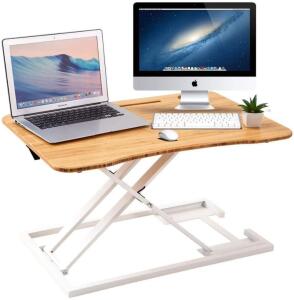 STAND UP DESK STANDING DESK CONVERTER GAS SPRING SIT STAND DESK WORKSTATION SIT TO STAND DESK RISER 100% SOLID BAMBOO DESKTOP (WHITE)