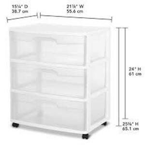 DESCRIPTION: (1) 3 DRAWER CART BRAND/MODEL: STERILITE #2930LAB8 INFORMATION: WHITE RETAIL$: $21.98 EA SIZE: 15X21X25 QTY: 1