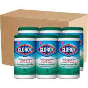 DESCRIPTION: (6) PACKS OF DISINFECTING WIPES BRAND/MODEL: CLOROX INFORMATION: GREEN RETAIL$: $6.28 EA SIZE: 75 COUNT QTY: 6