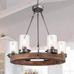 Farmhouse Chandelier Wood Round Wagon Wheel 6-Light Fixture with Seeded Glass Shades