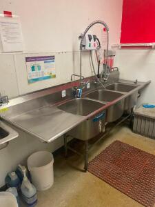 DESCRIPTION: 106" X 30" THREE WELL STAINLESS POT SINK W/ LEFT AND RIGHT DRY BOARDS. ADDITIONAL INFORMATION W/ (1) SPRAY NOZZLE, (1) FAUCET, AND (1) CH