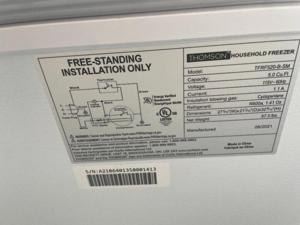 DESCRIPTION THOMSON 5 CU FT CHEST FREEZER BRAND / MODEL THOMSON