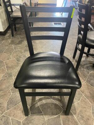 DESCRIPTION: (6) LADDER BACK BLACK CHAIRS W/ BLACK PADDED SEATS LOCATION: KITCHEN THIS LOT IS: SOLD BY THE PIECE QTY: 6