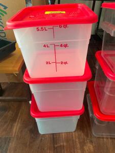 DESCRIPTION: (3) 6 QT PLASTIC CONTAINERS W/ LIDS SIZE 6 QT LOCATION: KITCHEN THIS LOT IS: SOLD BY THE PIECE QTY: 3