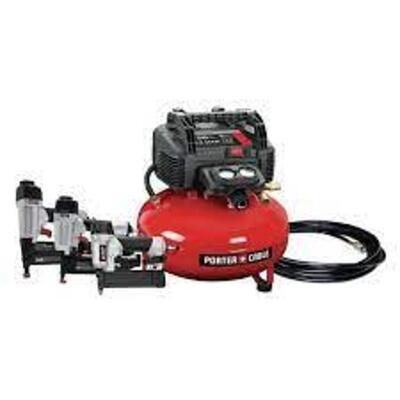 DESCRIPTION: (1) AIR COMPRESSOR WITH (3) NAIL GUNS BRAND/MODEL: PORTER-CABLE INFORMATION: RED RETAIL$: $288.85 EA SIZE: 3 NAILERS, 6 GALLON QTY: 1