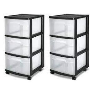 DESCRIPTION: (2) PLASTIC 3 DRAWER CART BRAND/MODEL: STERILITE #2830LAB9 INFORMATION: CLEAR AND WHIT RETAIL$: $37.98 EA SIZE: 114X12X25 QTY: 2