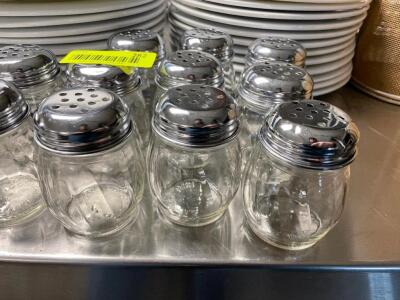 (16) GLASS CHEESE AND FLAKE SHAKERS