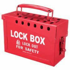 DESCRIPTION: (1) GROUP LOCKOUT BOX ONLYBRAND/MODEL: BRADY #5TA77INFORMATION: RED, BOX ONLY NO CONTENTSRETAIL$: $110.42 EASIZE: 13 PADLOCKS, RED, STEEL BOX, 6 IN HT, 7 3/8 IN WD, 9 1/4 IN DPQTY: 1