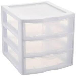 DESCRIPTION: (1) 3 DRAWER ORGANIZER BRAND/MODEL: STERILITE #1791LAB8 INFORMATION: CLEAR RETAIL$: $13.46 EA QTY: 1