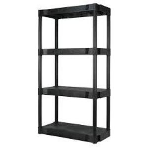 DESCRIPTION: (1) 4 SHELF PLASTIC SHELVING UNIT BRAND/MODEL: HYPER TOUGH INFORMATION: BLACK RETAIL$: $24.68 EA SIZE: 14X21X47 QTY: 1