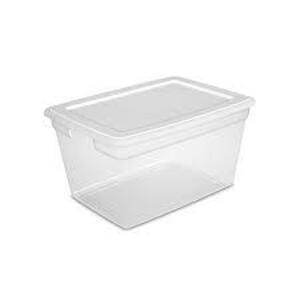 DESCRIPTION: (6) STORAGE BOX BRAND/MODEL: STERILITE #1847LAB8 INFORMATION: CLEAR WHITE RETAIL$: $10.00 EA SIZE: 58 QT QTY: 6