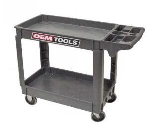 DESCRIPTION (1) OEM TOOLS AUTOMOTIVE UTILITY CARTS BRAND/MODEL 24957 ADDITIONAL INFORMATION WEIGHT CAPACITY: 500LBS [250 LB PER SHELF/GRAY/RETAILS AT