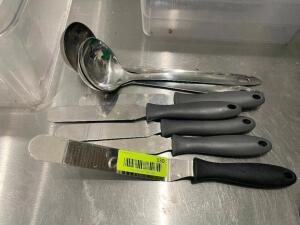 DESCRIPTION: (3) STAINLESS SERVING SPOONS AND (4) BUTTER KNIVES LOCATION: KITCHEN THIS LOT IS: ONE MONEY QTY: 1