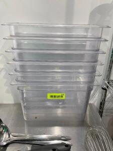 DESCRIPTION: (6) 1/3 SIZE PLASTIC INSERTS - NO LIDS SIZE 8" DEEP LOCATION: KITCHEN THIS LOT IS: SOLD BY THE PIECE QTY: 6