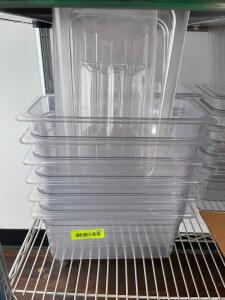 DESCRIPTION: (6) 1/3 SIZE PLASTIC INSERTS - W/ LIDS SIZE 6" DEEP LOCATION: KITCHEN THIS LOT IS: SOLD BY THE PIECE QTY: 6