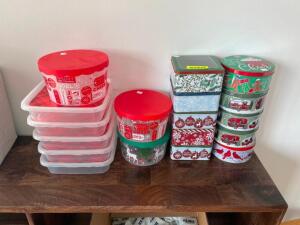 DESCRIPTION: (1) LOT OF ASSORTED PLASTIC AND TIN COOKIE CONTAINERS. LOCATION: FRONT THIS LOT IS: ONE MONEY QTY: 1