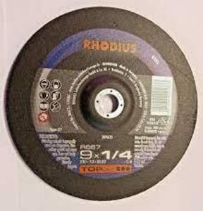 DESCRIPTION: (10) GRINDING DISC BRAND/MODEL: RHODIUS #RS57 INFORMATION: TYPE 27/FOR STEEL RETAIL$: 12.98 EACH SIZE: 9" X 1/4" QTY: 10
