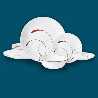 DESCRIPTION: (1) SPLENDOR DINNERWARE SET BRAND/MODEL: CORELLE INFORMATION: WHITE AND RED RETAIL$: $32.94 TOTAL SIZE: 12 PIECES QTY: 1