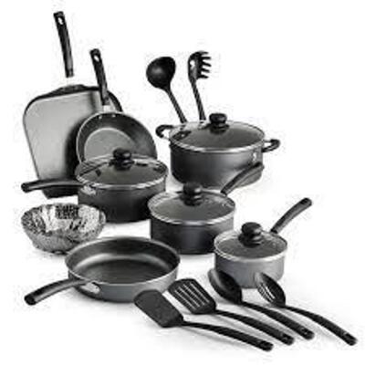 DESCRIPTION: (1) PRIMA WARE NONSTICK COOKWARE SET BRAND/MODEL: TRAMONTINA INFORMATION: BLACK RETAIL$: $55.45 TOTAL SIZE: 18 PIECES QTY: 1