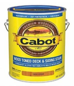 DESCRIPTION (4) CABOT TONED FLAT EXTERIOR STAIN BRAND/MODEL 140.0019202.007 ADDITIONAL INFORMATION CEDAR/DRY TIME: 24 HR/RETAILS AT $55.36 EACH SIZE 1