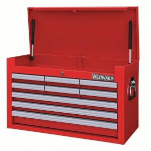 DESCRIPTION: (1) TOP CHEST TOOL STORAGE BOX WITH DRAWERS BRAND/MODEL: WESTWARD #32H878 INFORMATION: RED, SLIGHT DAMAGE. MUST COME INSPECT RETAIL$: $59
