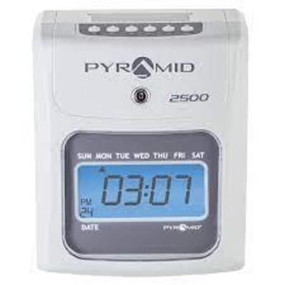 DESCRIPTION: (1) AUTO ALIGNING TIME CLOCK BRAND/MODEL: PYRAMID #2500 INFORMATION: WHITE RETAIL$: $188.95 EA QTY: 1