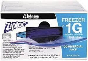 DESCRIPTION: (1) BOX OF (250) DOUBLE ZIPPER FREEZER BAGS BRAND/MODEL: ZIPLOC #94604 INFORMATION: CLEAR RETAIL$: $36.21 EA SIZE: 1 GALON QTY: 1