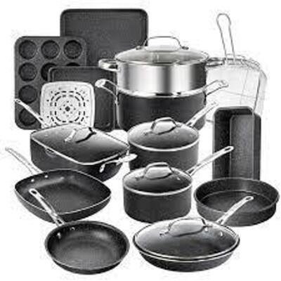 DESCRIPTION: (1) NON STICK COMPLETE COOKWARE SET BRAND/MODEL: GRANITESTONE INFORMATION: BLACK RETAIL$: $139.00 EA SIZE: 20 PIECE QTY: 1