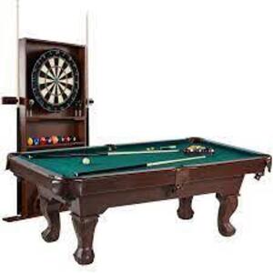 DESCRIPTION: (1) BALL AND CLAW LEG BILLIARD POOL TABLE WITH CUE RACK AND DARTBOARD SET BRAND/MODEL: BARRINGTON RETAIL$: $727.48 EA SIZE: 90" QTY: 1