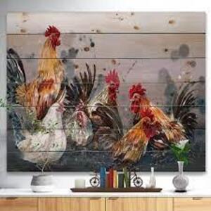 DESCRIPTION: (1) WOODEN WALL ART PANELS / PLAQUES BRAND/MODEL: DESIGNART INFORMATION: ROOSTERS IN FARM BACKGROUND RETAIL$: $151.99 EA SIZE: 40" X 30"