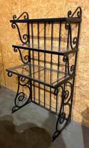 DESCRIPTION: (2) 3-TIER DECORATIVE WROUGHT IRON RISER SHELF W/ PLEXIGLASS INSERTS SIZE: 36" X 18" QTY: 2