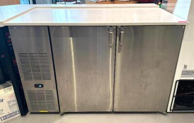 52" STAINLESS TWO DOOR BACK BAR COOLER (UNIT IS LOCKED SHUT, NO KEY)