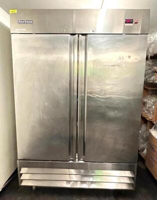 54" TWO DOOR STAINLESS REACH-IN FREEZER ON CASTERS (CONTENTS NOT INCLUDED)