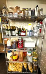 CONTENTS OF SHELVING UNIT (ASSORTED CONDIMENTS AND COOKING SUPPLIES AS SHOWN)