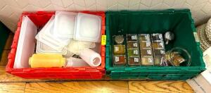 (2) BINS WITH SPICE CONTAINERS, LIDS, AND PACKAGED PLASTIC FLATWARE