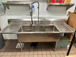 JOHN BOOS 92" THREE WELL POT SINK W/ LEFT AND RIGHT DRY BOARD AND SPRAY NOZZLE.