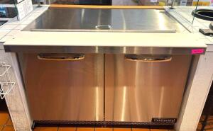 48" 2-DOOR STAINLESS MEGA TOP FRONT BREATHING REFRIGERATED SANDWICH PREP TABLE ON CASTERS