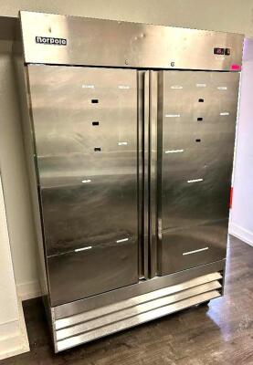 NORPOLE NP2R TWO DOOR COMMERCIAL REACH IN COOLER. ON CASTERS