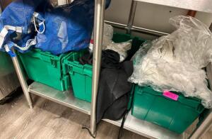 (3) PLASTIC TOTES W/ CONTENTS - CLEAN RAGS.