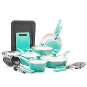 DESCRIPTION: (1) CERAMIC NON STICK COOKWARE SET BRAND/MODEL: GREENLIFE INFORMATION: TURQUOISE RETAIL$: $148.05 EA SIZE: 18 PC SET QTY: 1