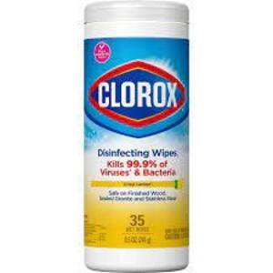 DESCRIPTION: (6) DISINFECTING WIPES BRAND/MODEL: CLOROX HEALTHCARE #6VDE6 INFORMATION: CHRISP LEMON RETAIL$: $5.00 EA SIZE: 35 WIPES PER CONTAINER QTY