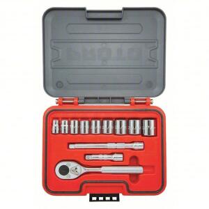 DESCRIPTION: (1) SOCKET SET BRAND/MODEL: PROTO #60MK82 INFORMATION: RED CARRY CASE RETAIL$: $189.49 EA SIZE: 3/8" DRIVE, 13 PIECE QTY: 1